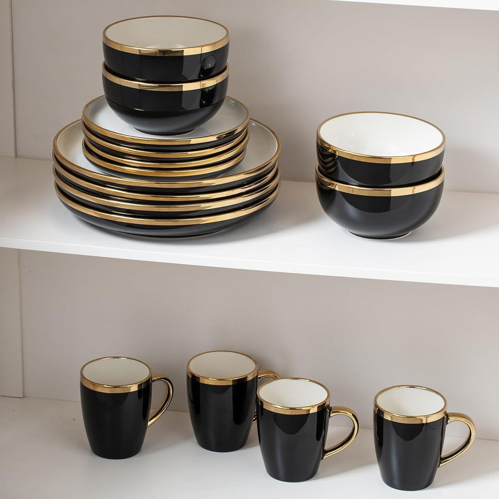 Black and Gold Ceramic Dinnerware Sets for 4, 16-Piece Luxury Plates and Bowls Sets with Gold Rim, Modern Dish Set