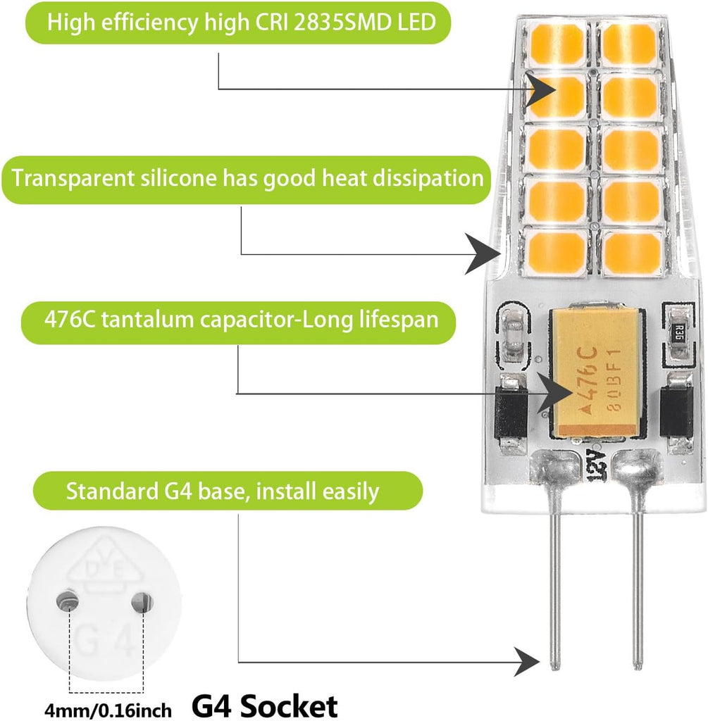 10 Pack G4 LED Bulb 12V AC/DC 3W Bi-Pin Base 476c G4 Bulb 30W T3 LED Halogen Lights Replacement (Soft Warm White