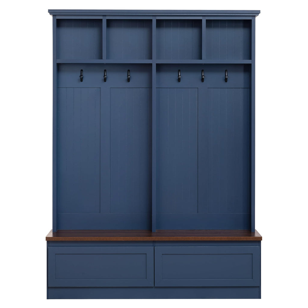 Farmhouse 4-in-1 Hall Tree with Bench and Storage, 55.9 Coat Rack with 6 Hooks, 2 Large Drawers and 4 Open Cubbies