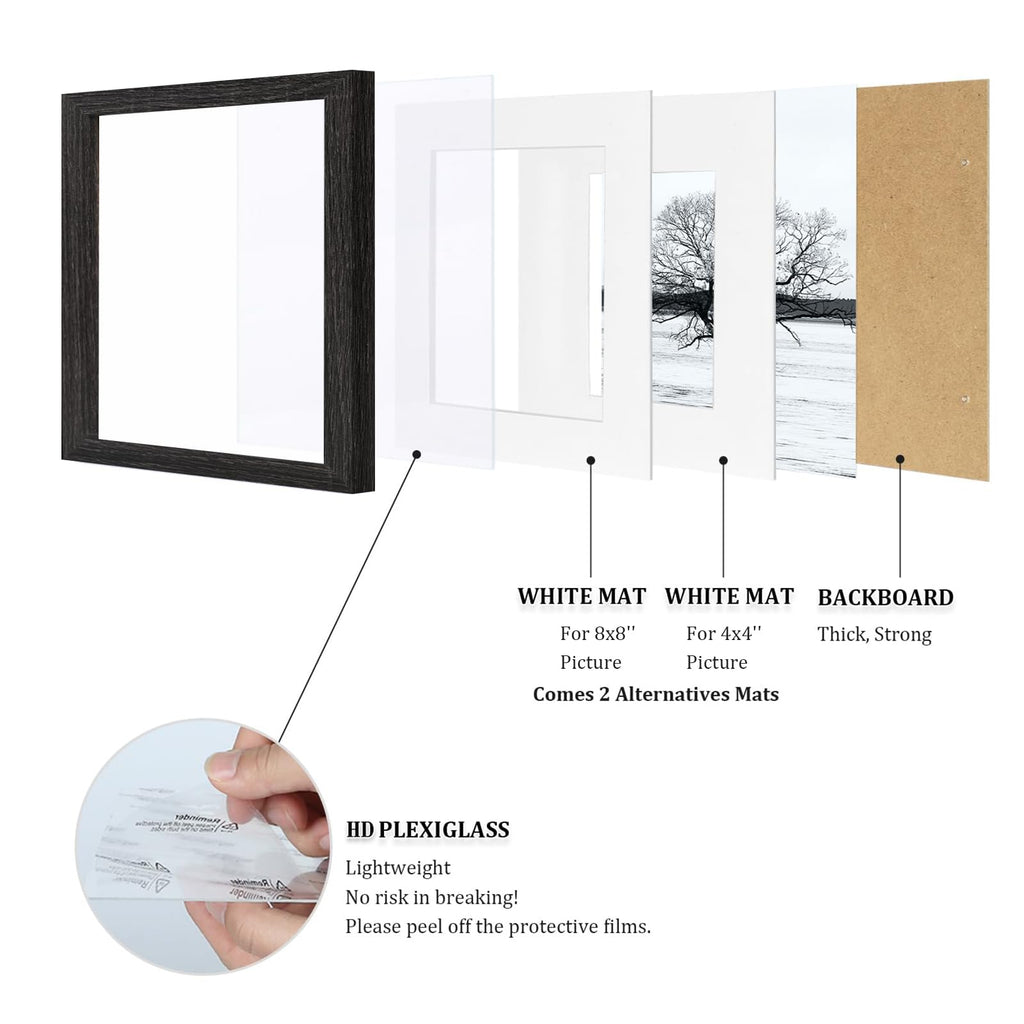 11x11 Picture Frames, Solid Wood frame Fits 4x4/8x8 with Mat or 11x11 Without Photo Frame Covered by Plexiglass, for