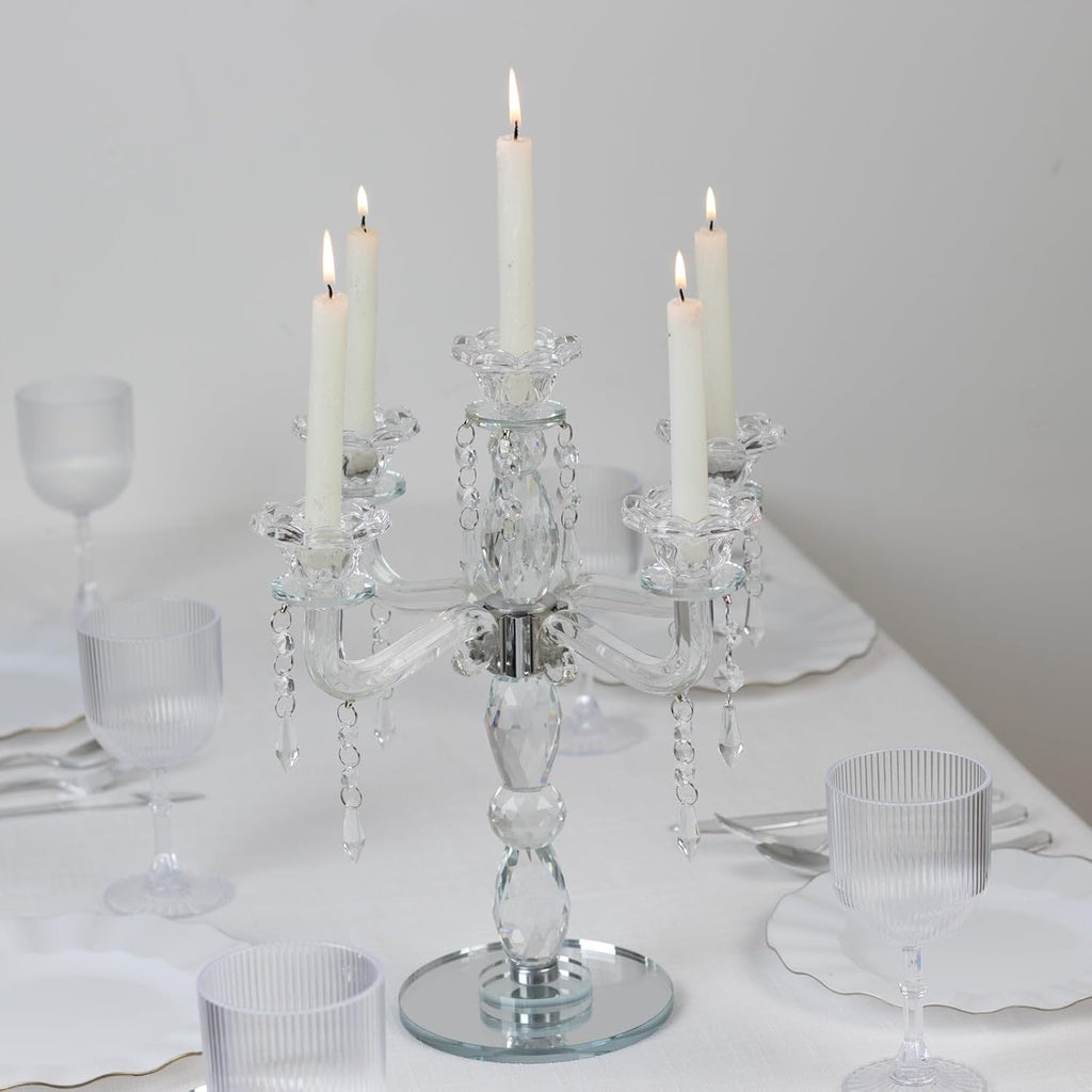 Crystal 5-Arm Candelabra Taper Candle Holder with Hanging Prisms & Round Mirror Base - Faceted Cut Glass Design - 14"