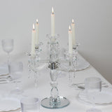 Crystal 5-Arm Candelabra Taper Candle Holder with Hanging Prisms & Round Mirror Base - Faceted Cut Glass Design - 14"