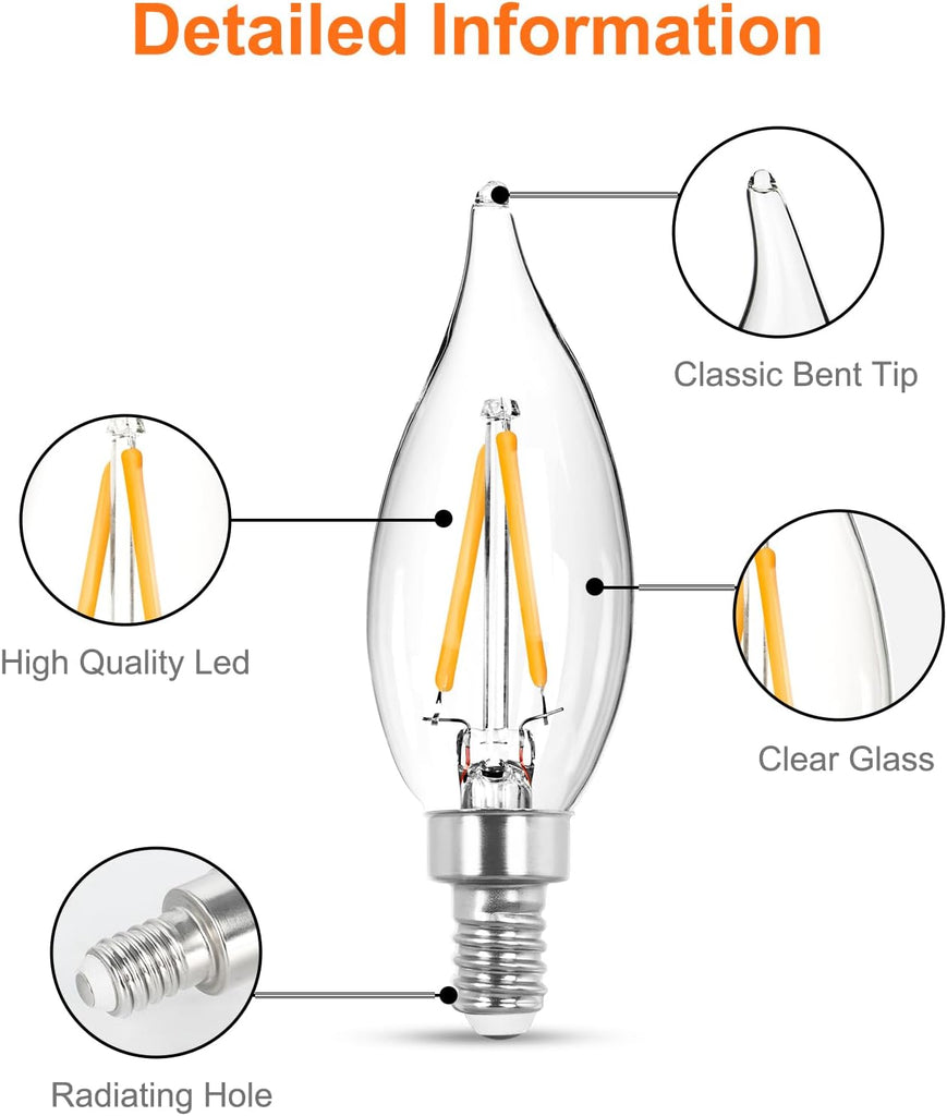6x1.5 Watt LED Warm White Ceiling Fan Light Bulbs 20W Equivalent C32 Chandelier Light Bulbs Bright and Lasting 110