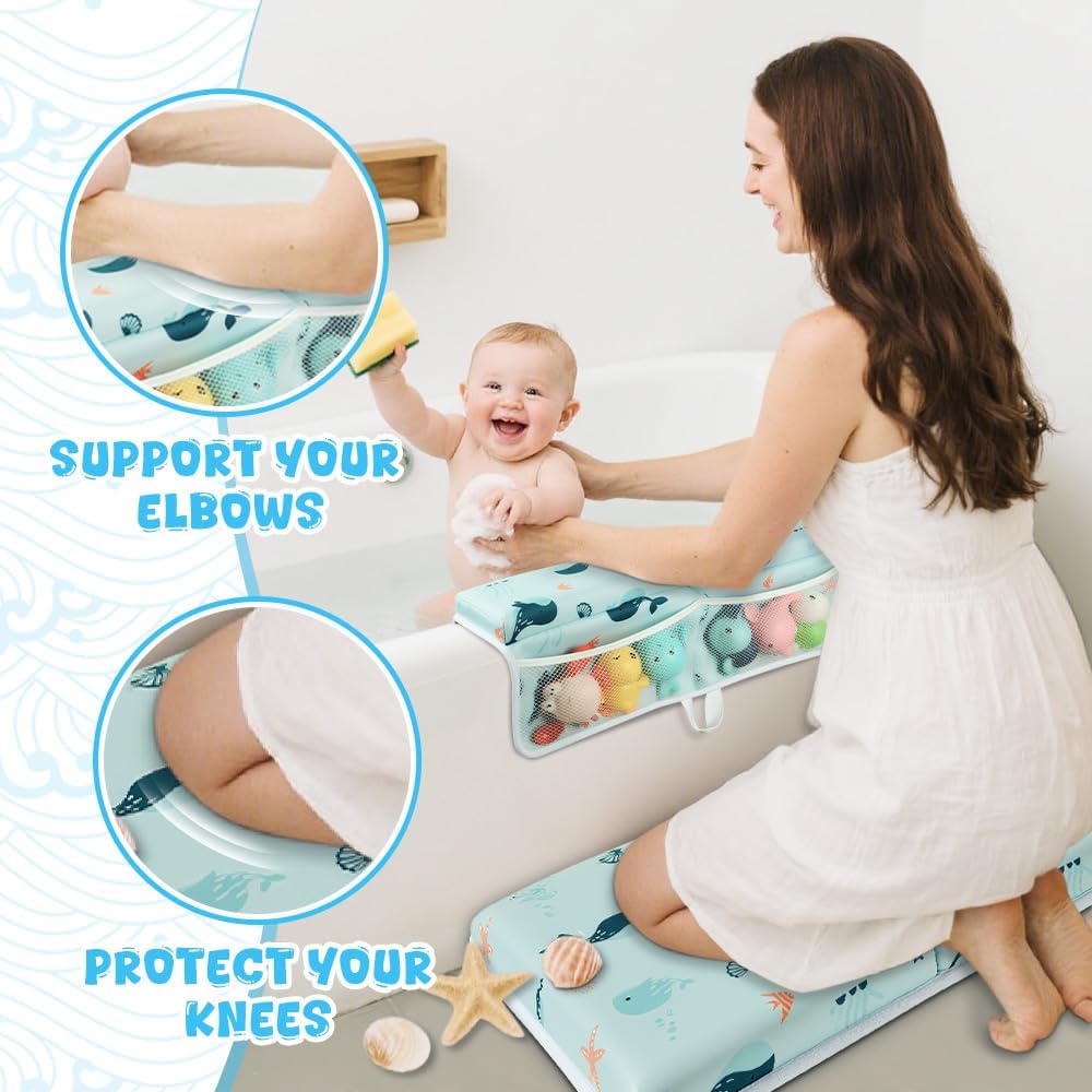 Bath Kneeler and Elbow Rest Pad Set,1.5" Thick Baby Bath Kneeler Pads with Toys Organizer, Pads to Support The Arm