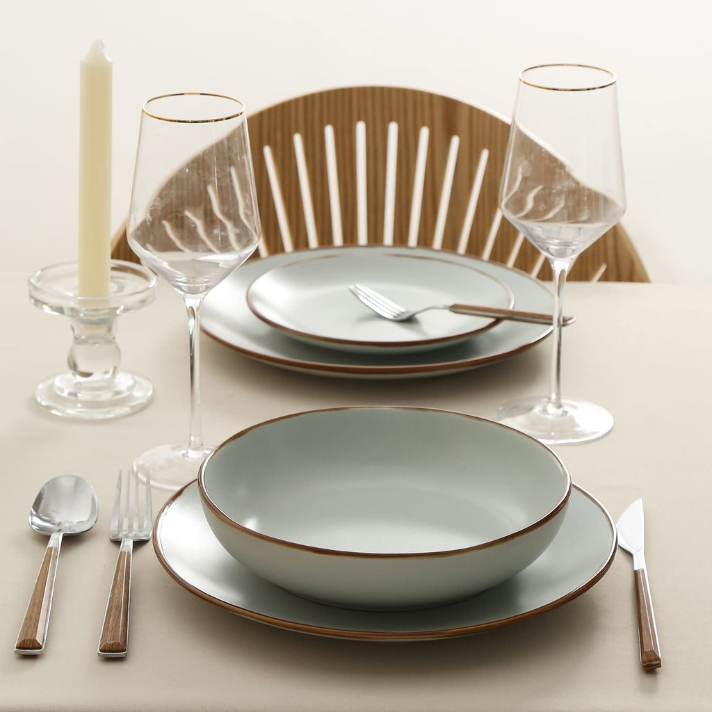 Lain Brasa Stoneware 16 Piece Modern Dinnerware Set, Plates and Bowls, Service for 4, Light Green, Microwave &