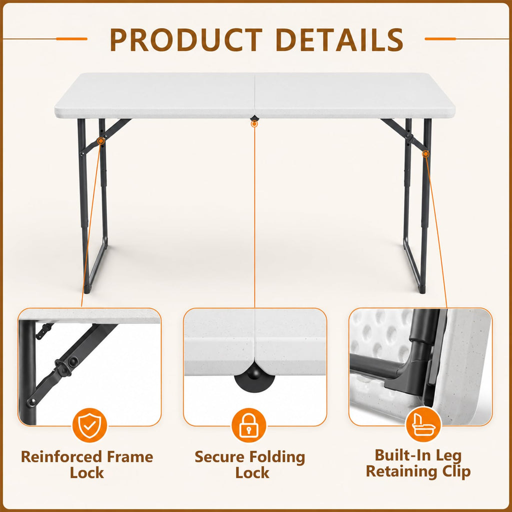 4 Foot Folding Table, Portable Fold-in-Half Utility Table [3 Adjustable Height][4FT Heavy Duty] for Party, Wedding