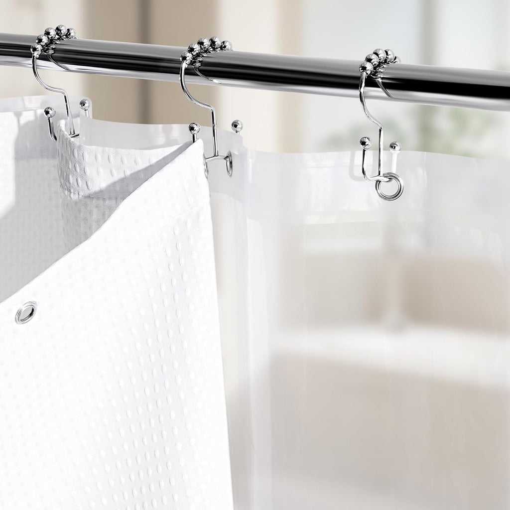 3 in 1 Shower Curtain Set, Waffle Shower Curtain and Liner Set with 12 Double Sided Shower Curtain Hooks, 258GSM