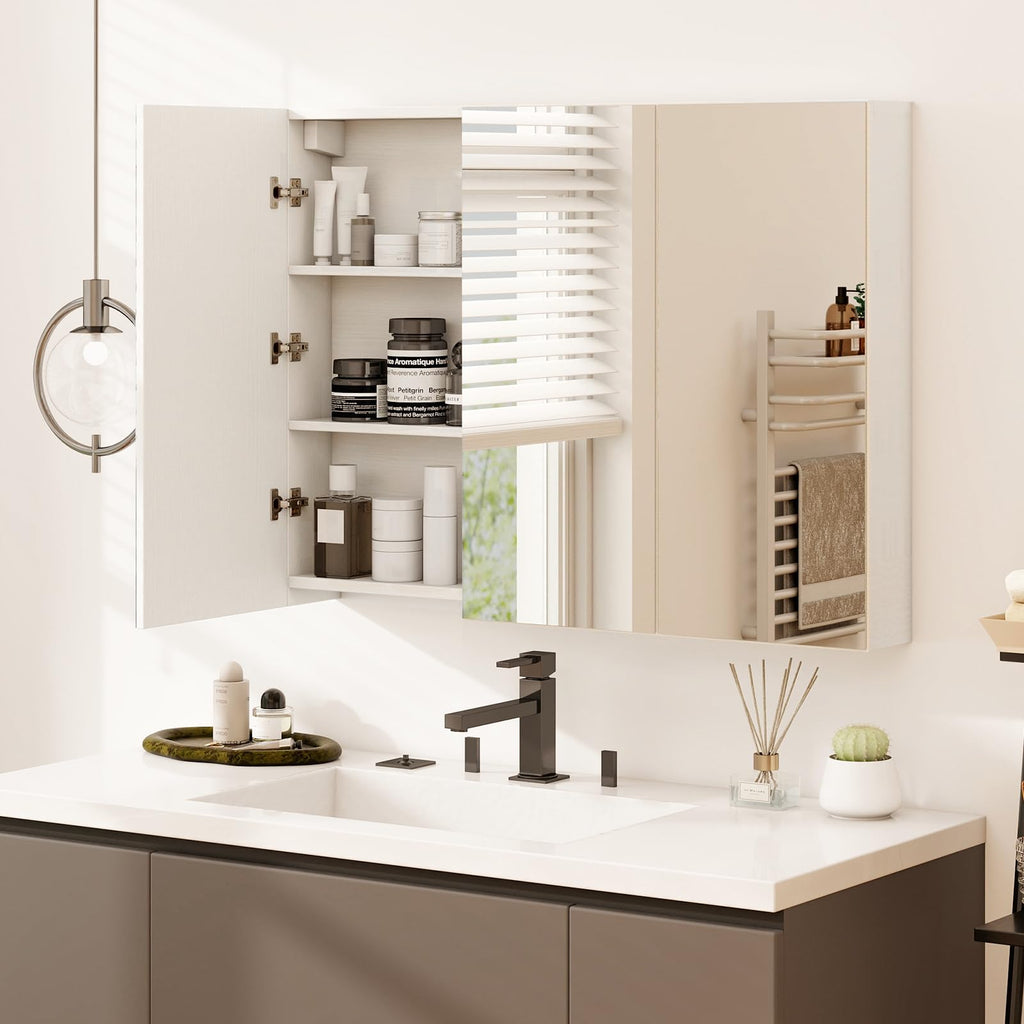Mirrored Medicine Cabinet, Large Wide Wall Mounted Storage Cabinet with 3 Mirror Doors, Hanging Bathroom Organizer