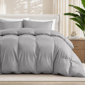 100% Rayon Made from Bamboo Duvet Cover Set (Queen, Light Grey)