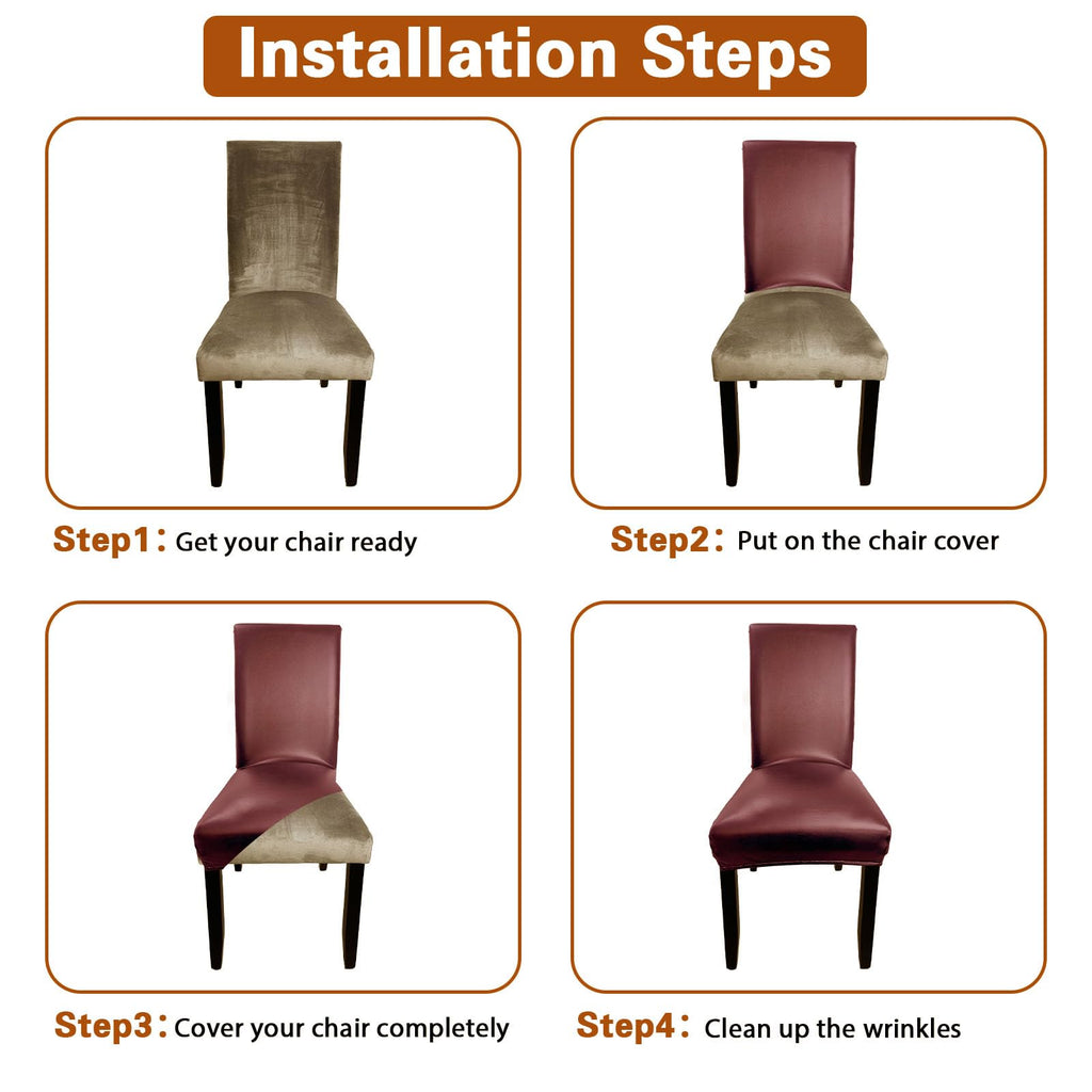 Wine Red Leather Chair Covers for Dining Chairs Set of 6, Faux Leather Dining Chair Cover Removable Wipeable Parson