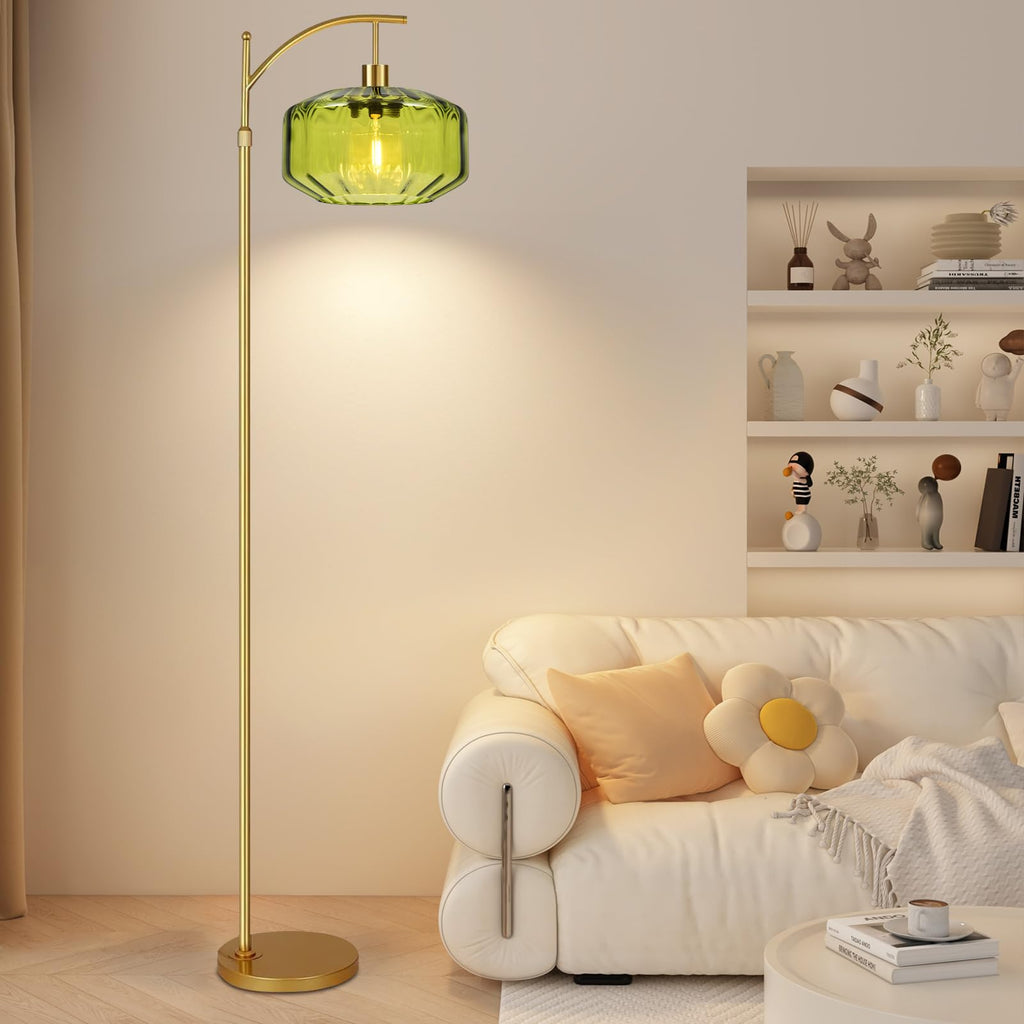 Gold Floor Lamps Vintage Floor Lamp with Remote Control & Green Glass Lampshape, Dimmable Floor Lamp Mid Century