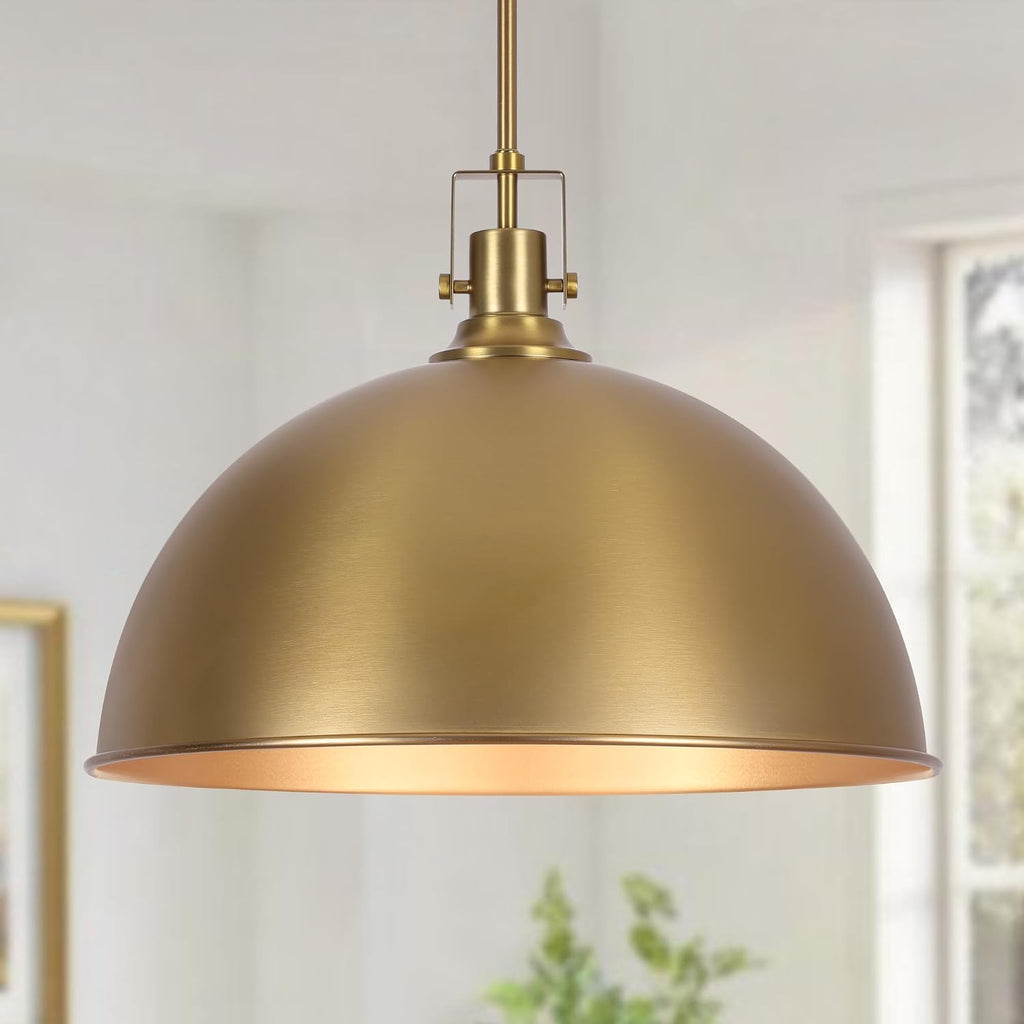 17.7 Inch Large Dome Pendant Light, 1-Light Brushed Gold Pendant Lighting All Metal, Modern Single Ceiling Hanging