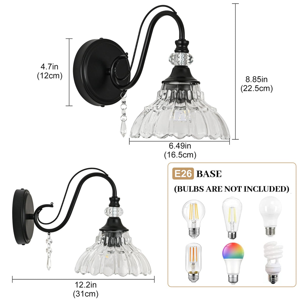 1 Piece Black Wall Sconce, 1-Light Black Farmhouse Wall Sconce with Hanging Crystal Accents and Flower-Shaped Clear