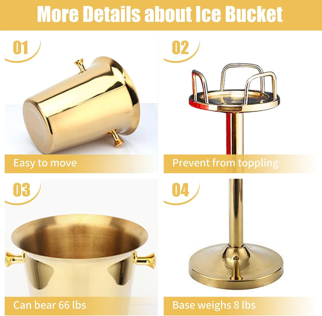 Gold Ice Bucket with Stand, large Champagne Ice Bucket 1.32 gal, Stainless Steel Ice Bucket, 3Ft Tall Ice Bucket