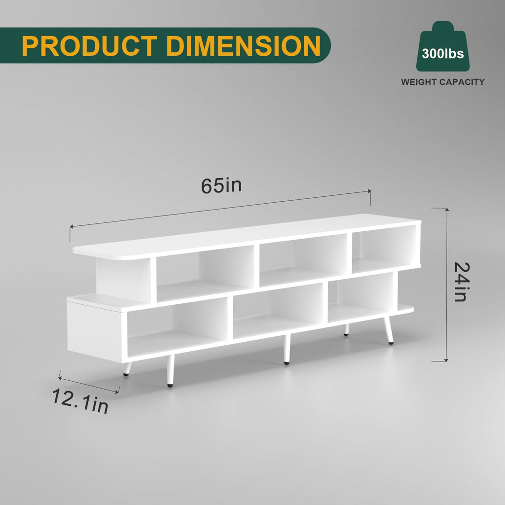 65" White TV Stand with Power Outlet for TVs up to 75", Large Entertainment Center with 8 Open Shelves, Media Console