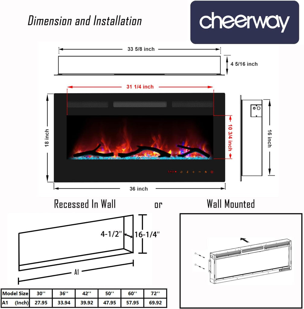 36 Inch Electric Fireplace, Recessed Fireplace Insert and Wall Mount Fireplace Heater with Remote & Touch