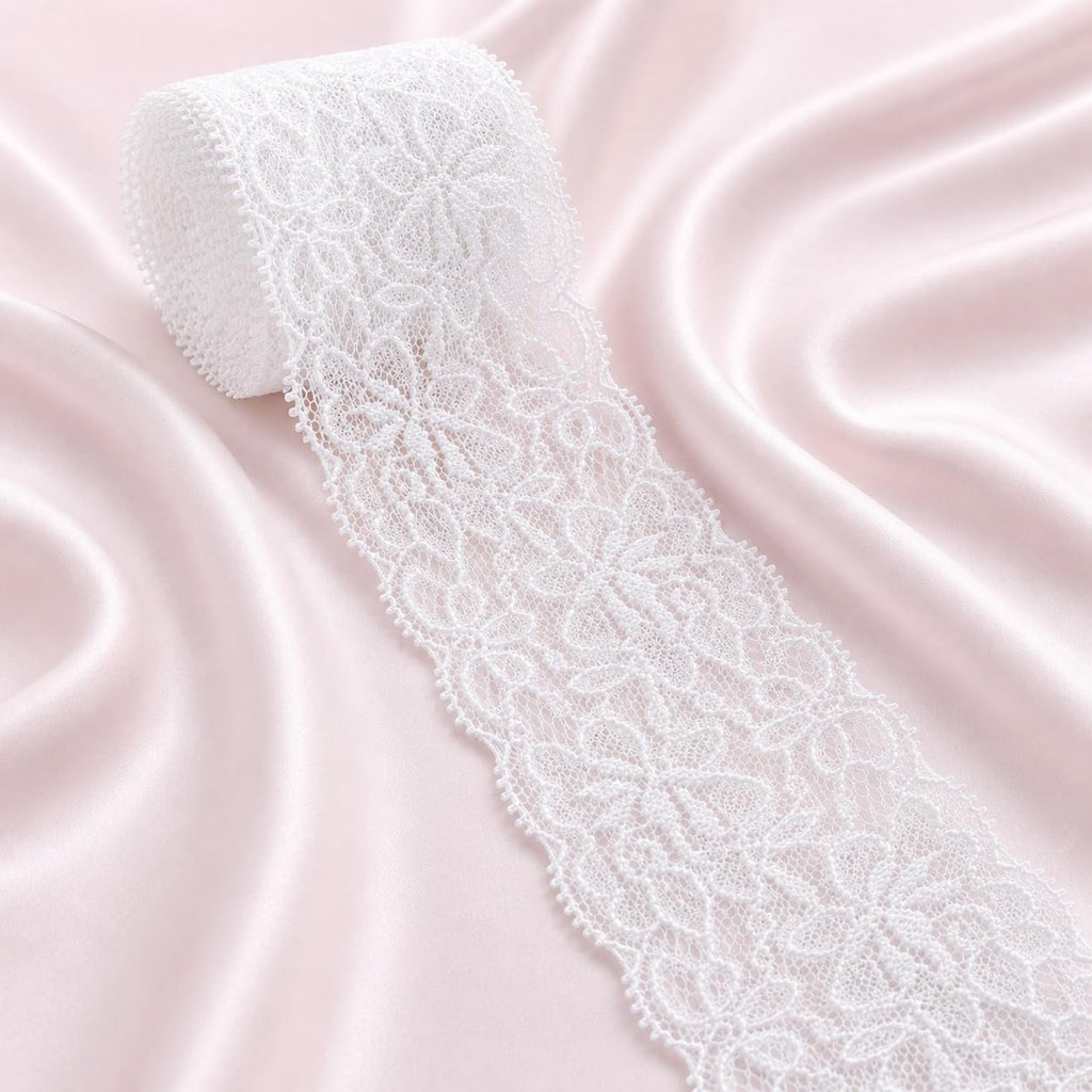 White Lace Trim Ribbon: 10 Yards 2.36 Inch Wide Lace Ribbon for Sewing - Floral Lace Trim for Crafts - Bridal Wedding