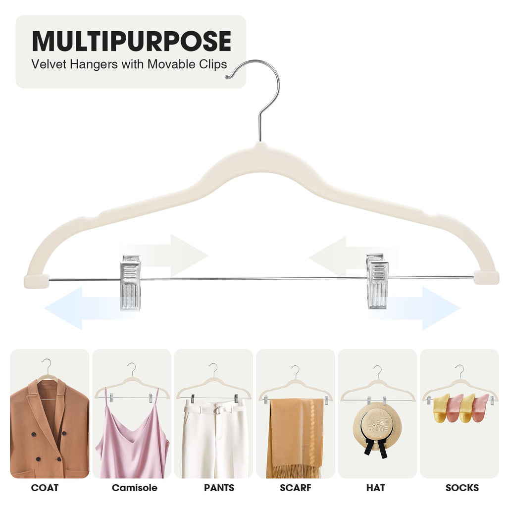 36-Pack Beige Velvet Hangers with Clips Adjustable, Adult Hangers, Heavy-Duty, Felt, Non-Slip, Space Saving, Slim Outfit