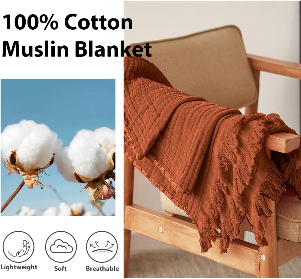 Cotton Muslin Throw Blanket, Knit Woven Gauze Blanket with Tassels, Soft Lightweight Cozy Pre-Washed Breathable