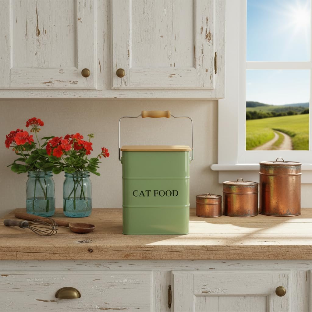 Cat food storage container storage bin with wooden lid scoop included green metal cat food container countertop