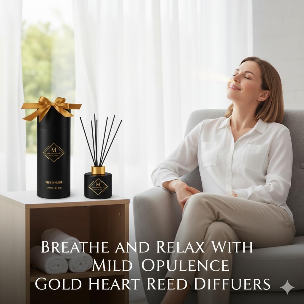 Gold Heart Reed Diffuser - Set of 8 Premium Eco-Friendly Bamboo Sticks, Scented Oils that neutralize Odors, Leaving