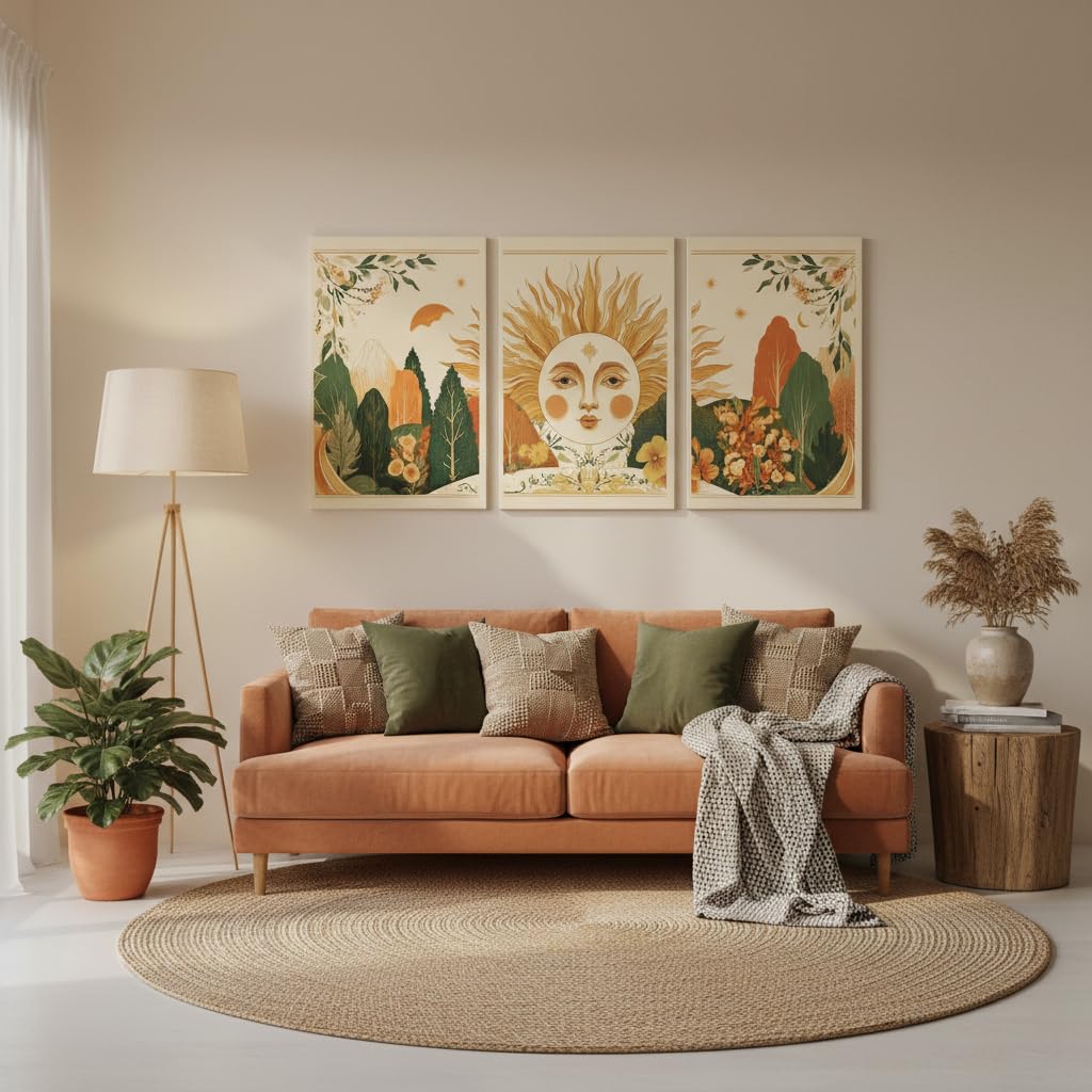 3Pcs Boho Sun Forest Canvas Wall Art, Boho Mountain Wall Decor