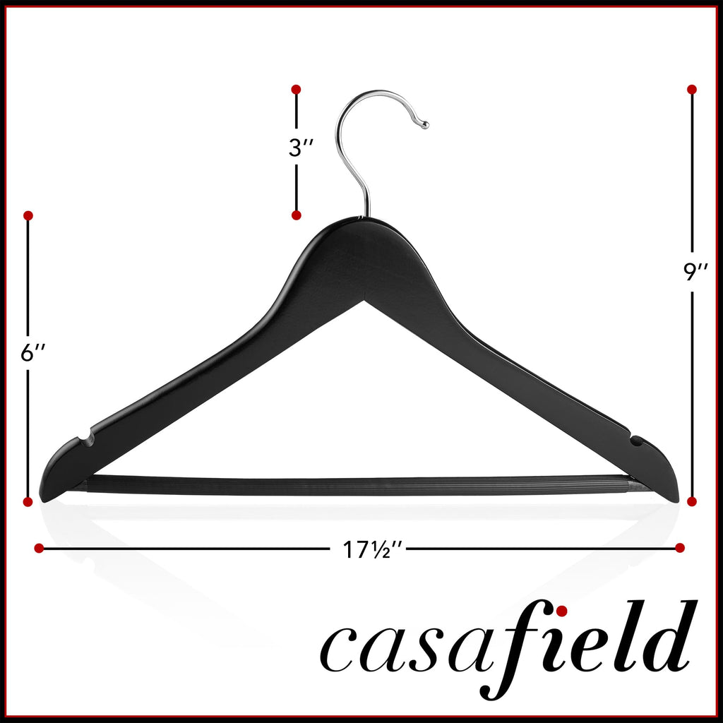 10 Black Wooden Suit Hangers - Premium Lotus Wood with Notches & Chrome Swivel Hook for Dress Clothes, Coats