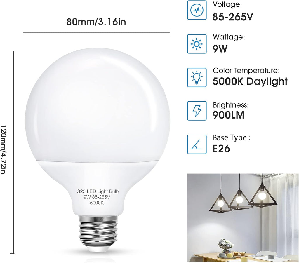 G25 LED Vanity Light Bulbs, 100W LED Globe Bulb Equivalent, 9W Vanity Bulbs for Bathroom, 5000K Daylight White 900LM