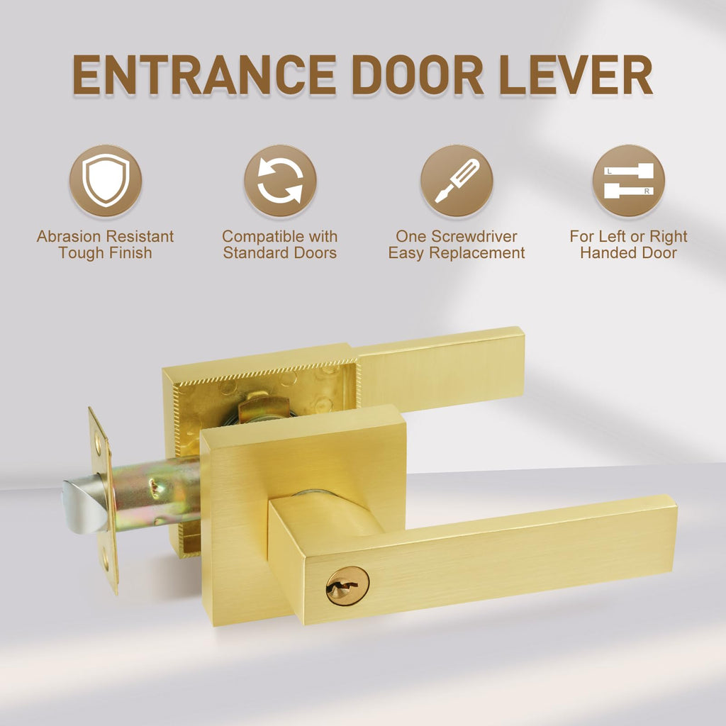 Golden Polished Brass Door Lever with Lock and Keyed