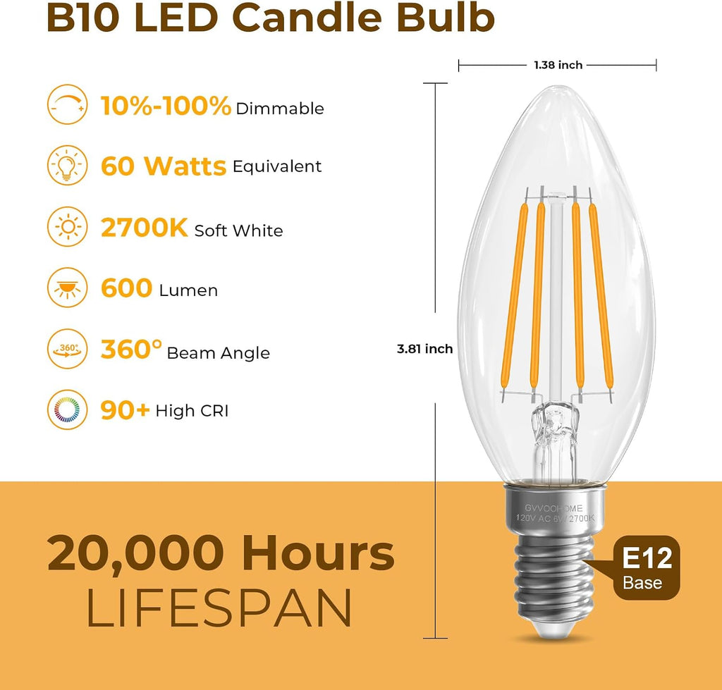 Candelabra Light Bulbs 60 watt Equivalent, Dimmable E12 Bulb Soft White
