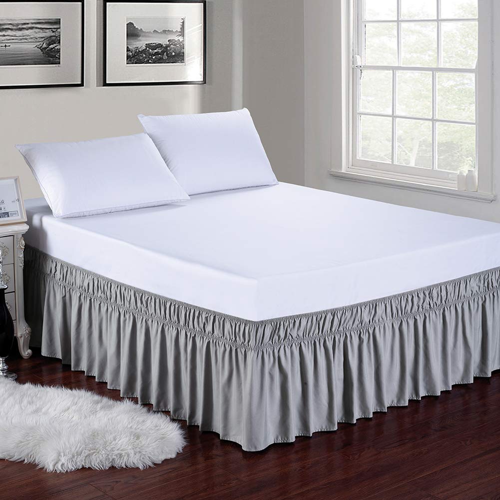 Wrap Around Elastic Bed Skirt for Queen & King Beds, 16" Drop, Grey