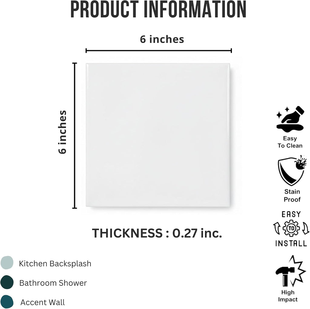 6x6 Glossy White Ceramic Wall Tile - Box of 8, Ideal Walls, Kitchen Backsplashes, Showers, and Laundry Rooms, Easy to
