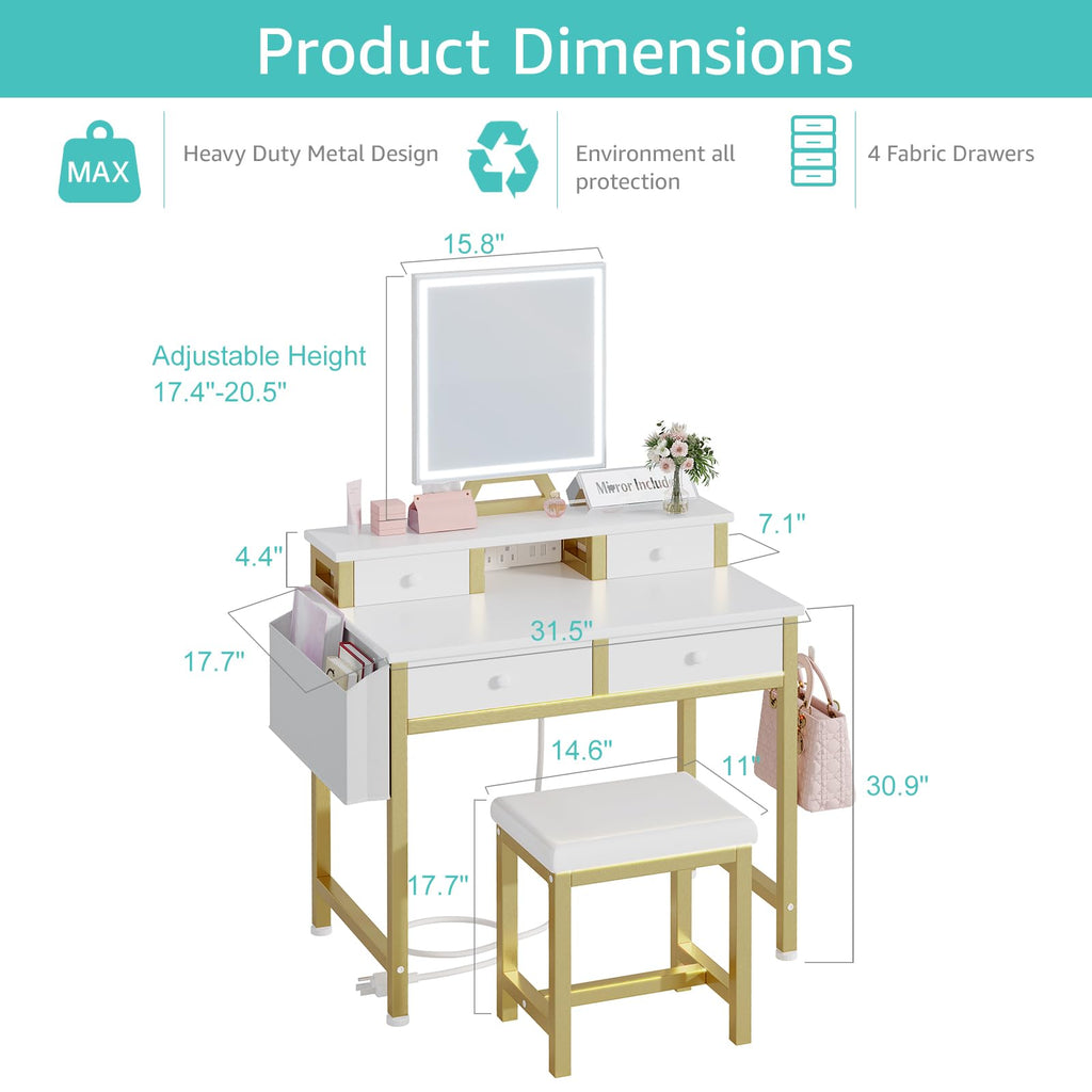 Small Makeup Vanity Desk with Lights, 31 inch Girls Vanity Set with Mirror and Chair, Make Up Dresser Table with