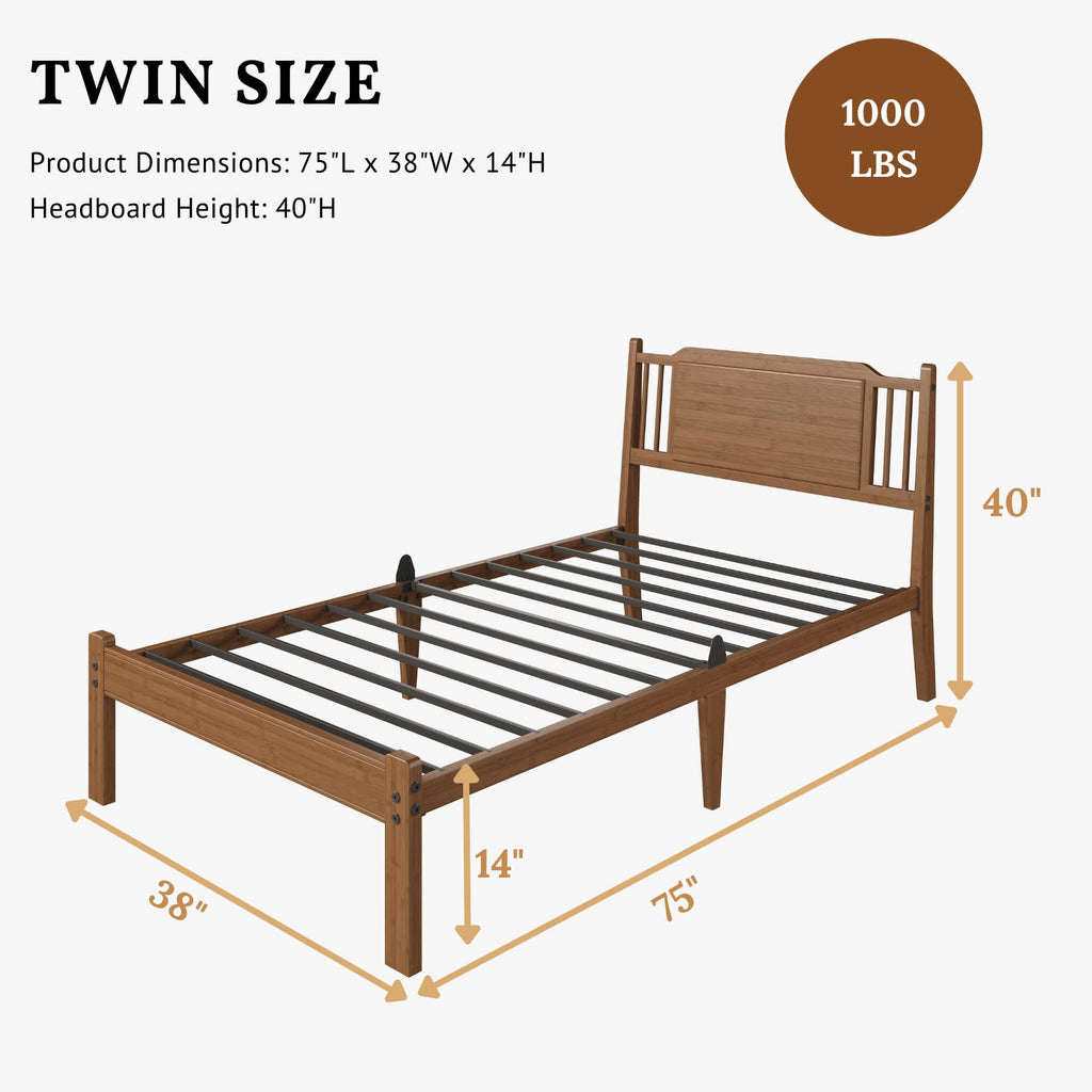 Bamboo Bed Frame with Farmhouse Headboard, Warm Brown Color