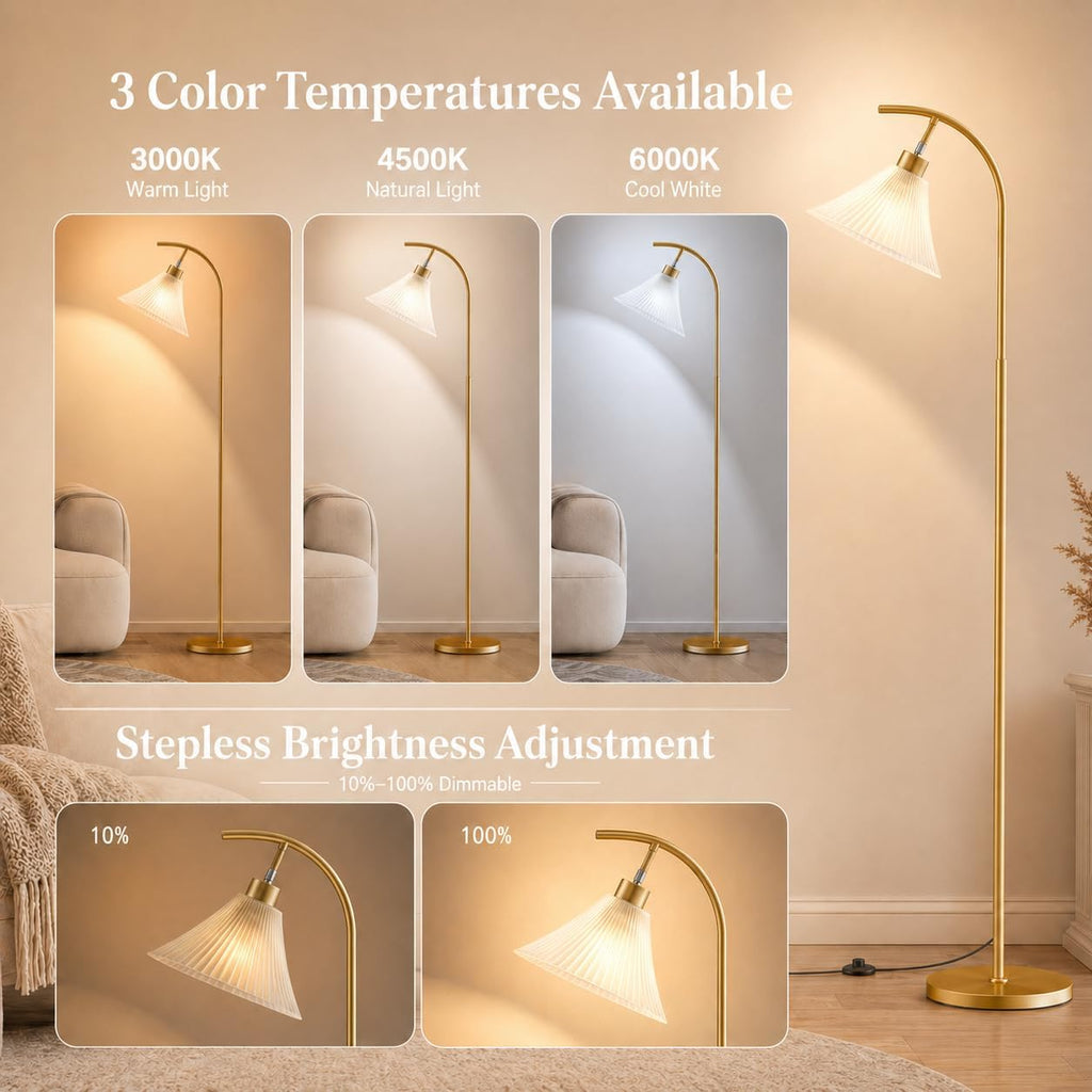 Glass Floor Lamp, Dimmable Gold Standing Lamp with Remote & Foot Switch, Ribbed Frosted Glass Shade