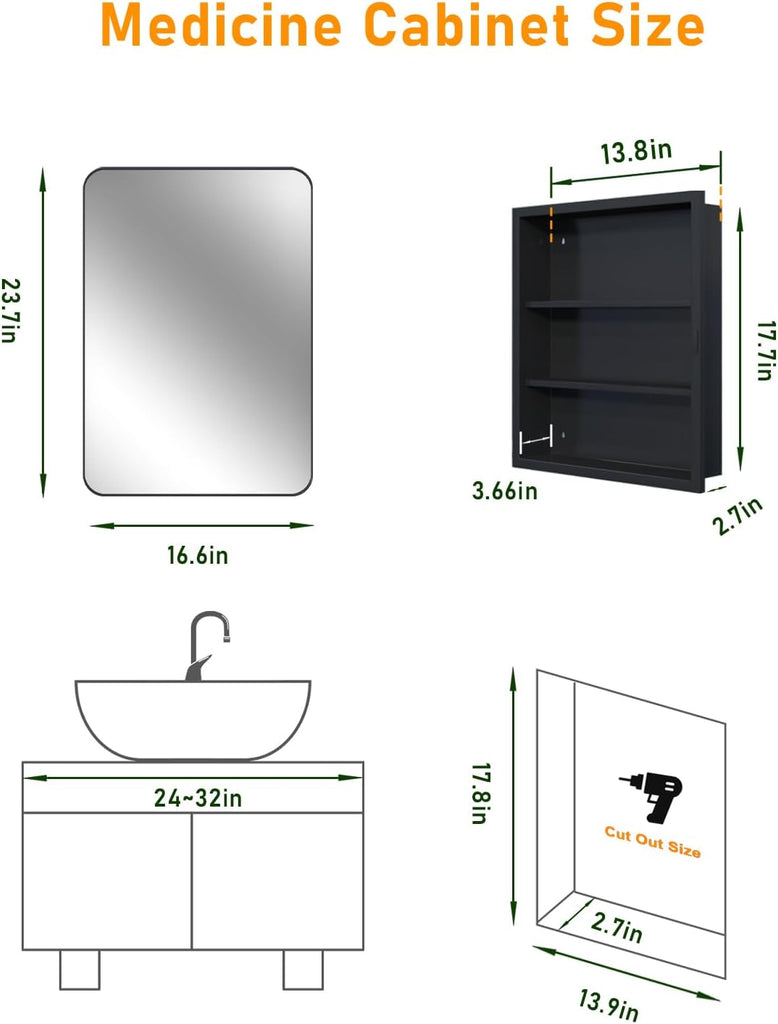 16"x24" Black Medicine Cabinet Mirror , Reversible Installation | Surface & Recessed Mount Medicine Cabinet Mirror