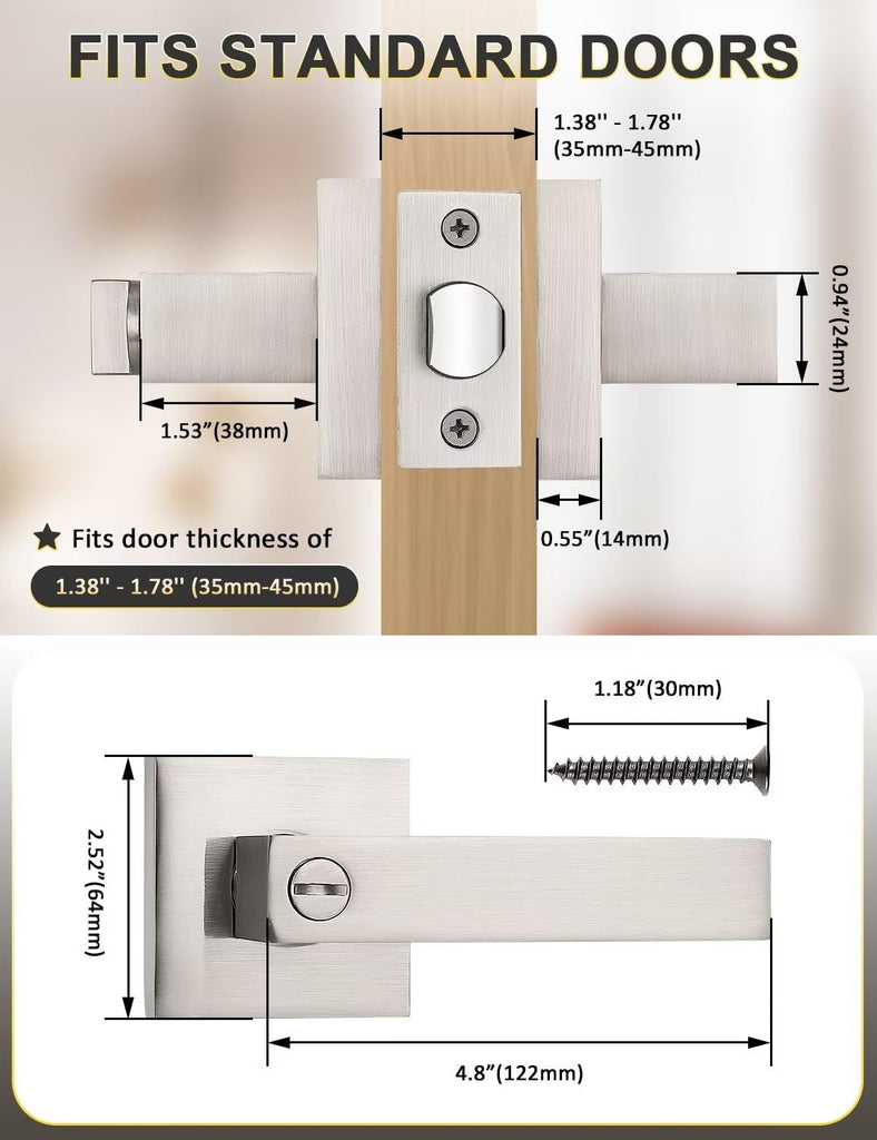 4 Pack Privacy Square Brushed Nickel Door Handles Interior, Keyless Door Knobs /Bathroom, Reversible for Left Right