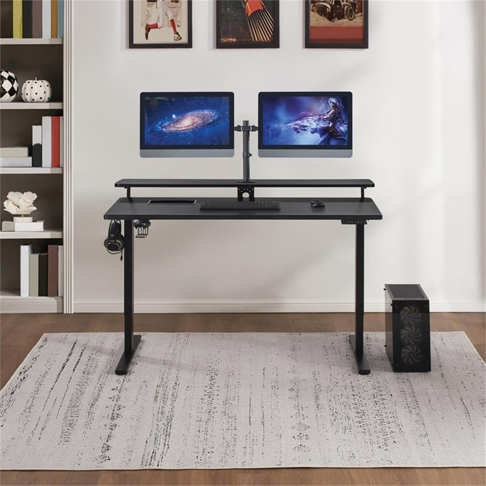 60" Electric Gaming Desk with Hutch, Carbon Fiber Finish, Height Adjustable with Power Lift, Elevated Monitor Shelf