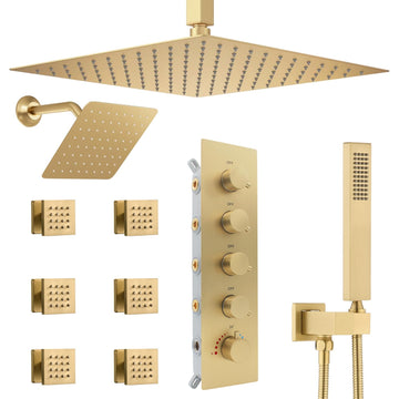 Thermostatic Shower System Dual Shower Heads with 16" Ceiling Mounted Rain Shower Head & 6" Wall Mounted Head 4