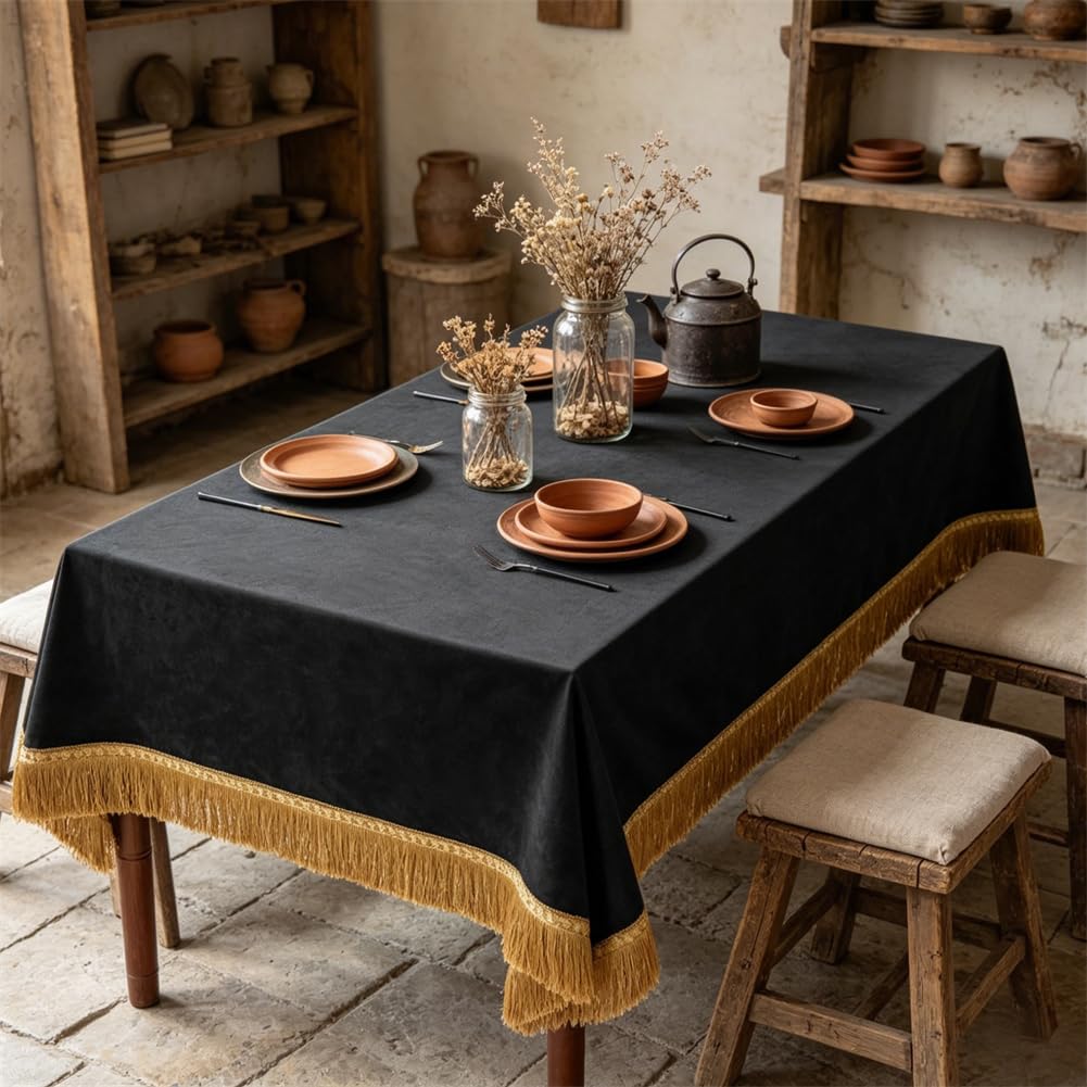 Luxury Black Velvet Tablecloth with Gold Tassel Trim, Rectangular Vintage Table Cover, Plush Heavy Fabric for Dining