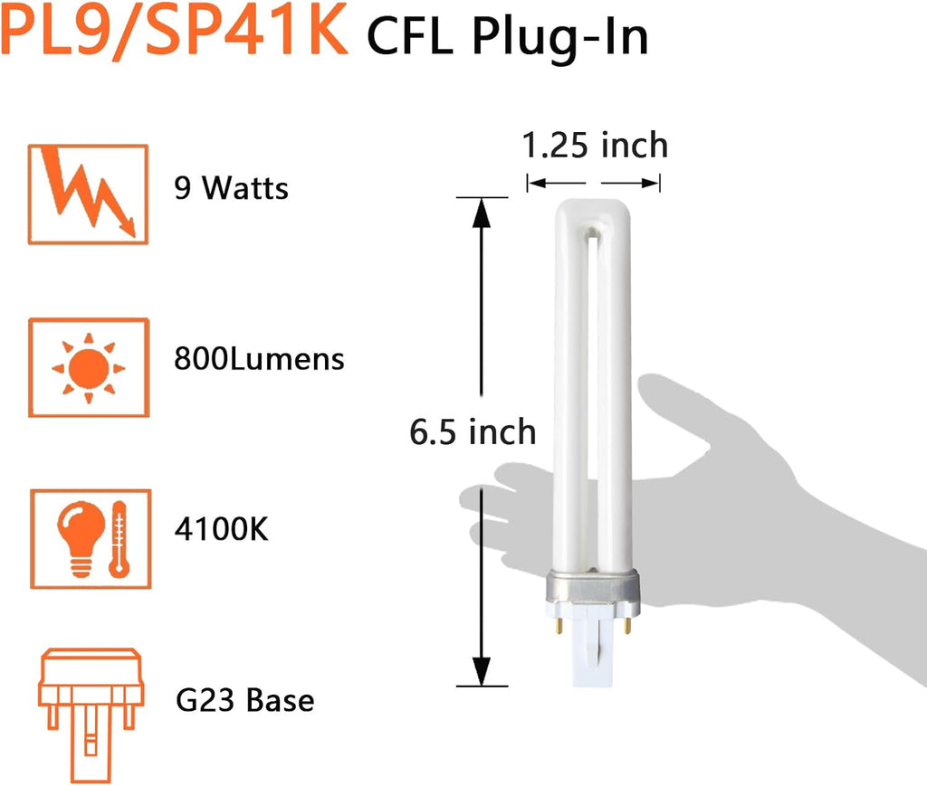2 Pin 9W Fluorescent Single Tube, 4100K,G23 Base, 4-Pack