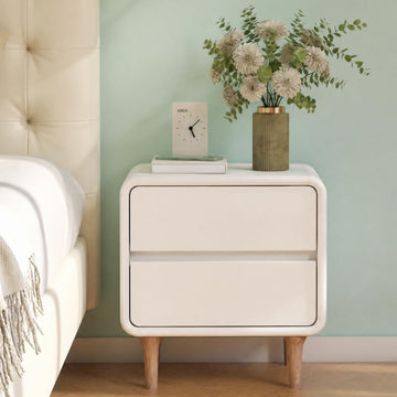 White Wood Nightstand, Solid Wood Night Stand with 2 Drawers, Small