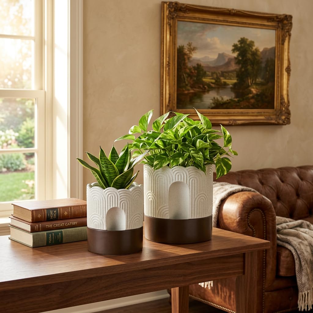 Self Watering Plant Pot Set: 6 Inch & 8 Inch Ceramic Planter with Drainage Hole & Water Storage Plus - Relief Design