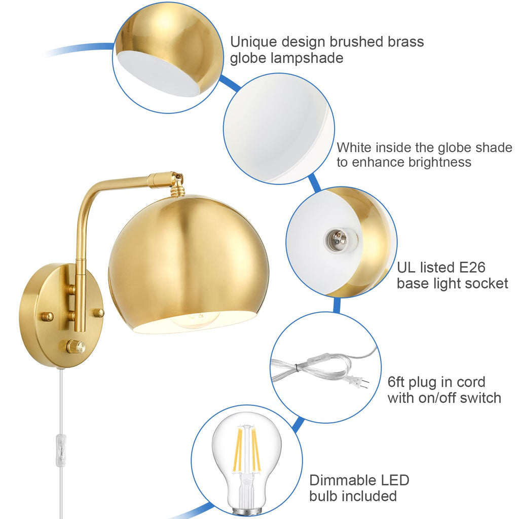 Wall Sconces Plug in, Dimmable Wall Sconce Swing Arm Wall Lights with Plug in Cord and Dimmer On/Off Knob Switch