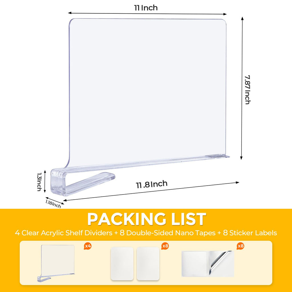 Clear Acrylic Shelf Dividers for Closets Organizer & Storage,8 Pack