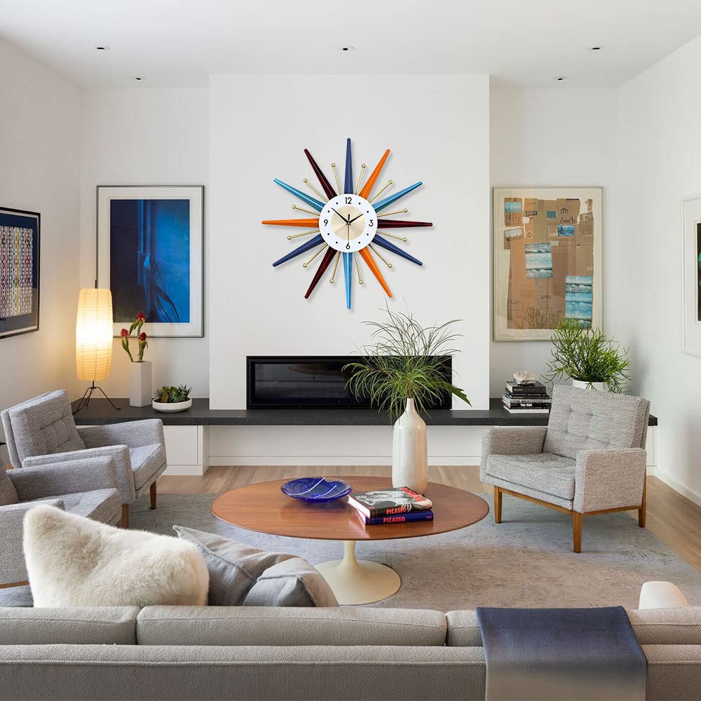 Large Wall Clock 22 Inch Modern Wall Clock Starburst Mid-Century Modern Decor Non-Ticking Battery Operated Colorful