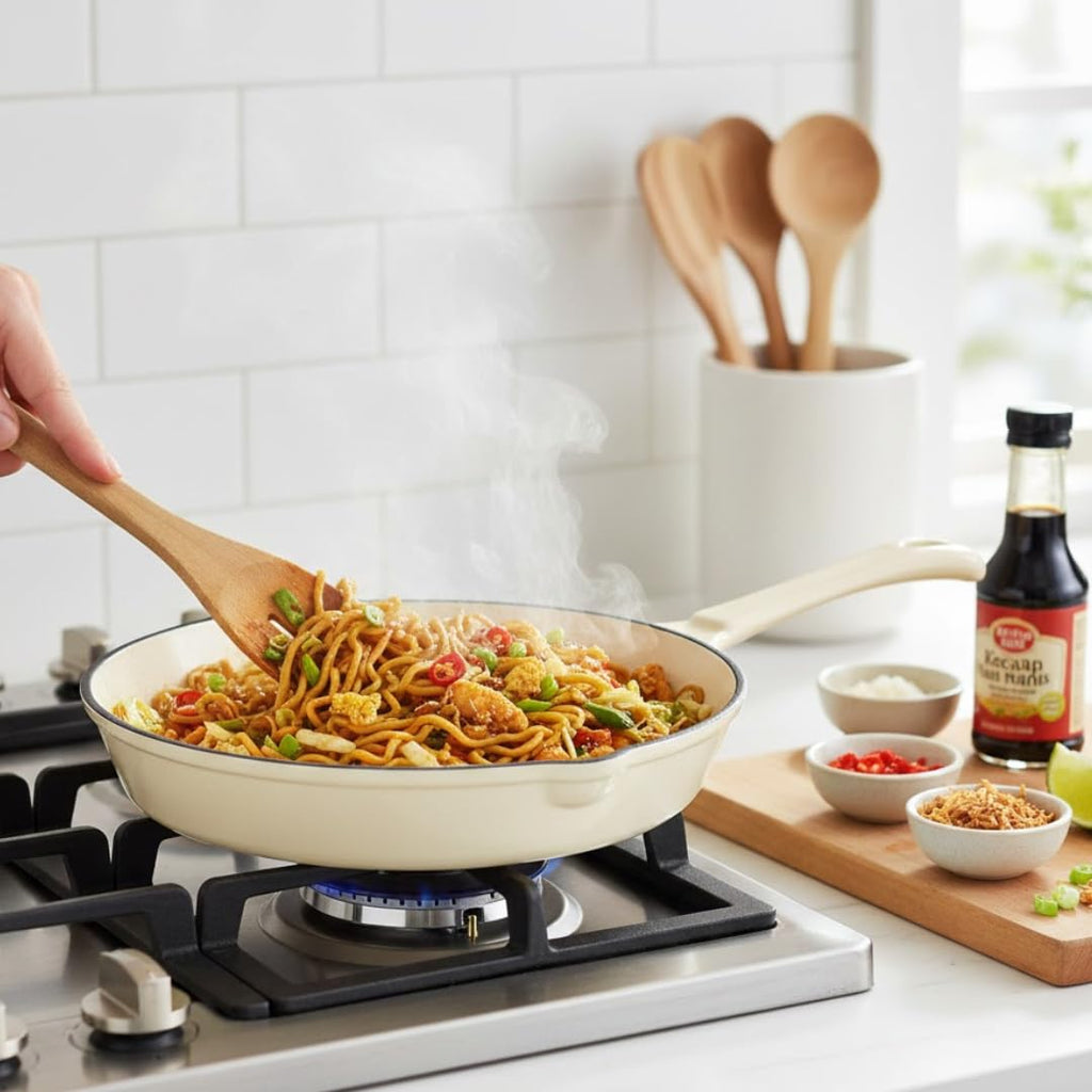 Enameled Cast Iron Fry Pan 10-Inch Cream, Cream Enamel coating, Skillet Pan For Stove top and Oven, Even Heat