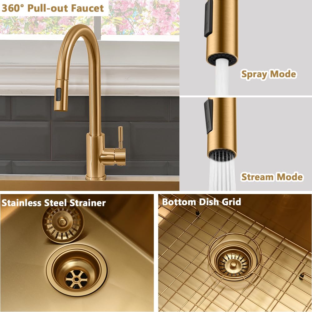 33 Gold Kitchen Sink with Faucet Combo Set Drop In Top Mount Sink