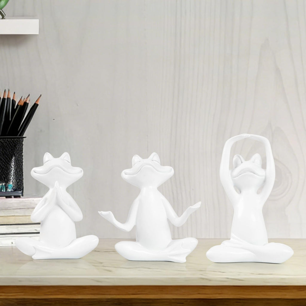 White Frog Yoga Figurines 3 Pcs, Modern Decor for Shelf, Desk, Office