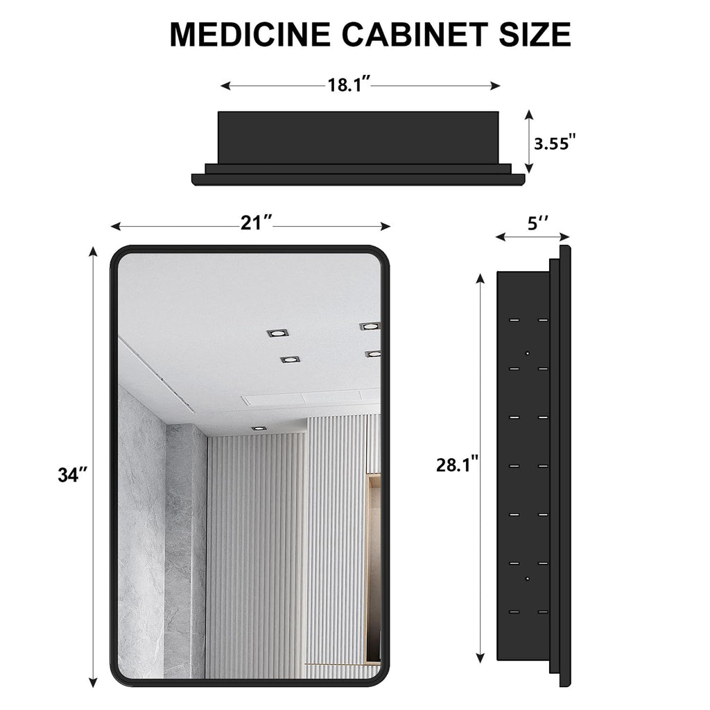 Black Bathroom Medicine Cabinet with Mirror 21 x 34 Metal Frame Recessed Or Wall Mounted Single Door Storage Medicine
